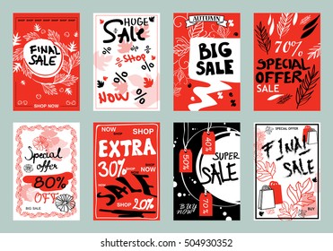 Collection of sale banners, vector illustration. Hand drawn vintage and modern sketch placard set with lettering. For promotional material, website and mobile banners, newsletter and ads