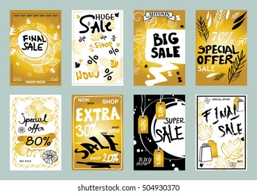Collection of sale banners, vector illustration. Hand drawn vintage and modern sketch placard set with lettering. For promotional material, website and mobile banners, newsletter and ads
