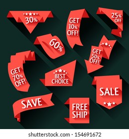 Collection of sale discount origami styled website ribbons, corners, labels, curls and tabs. Shadows are transparent!! 10 EPS