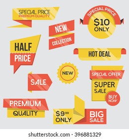 Collection of Sale Discount Styled origami Banners, Red and Yellow Theme. Flat design. Vector
