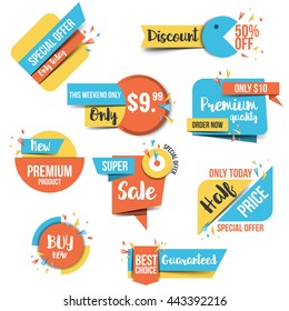 Collection of Sale Discount Styled origami Banners, Labels, Tags, Emblems. Flat design. Vector