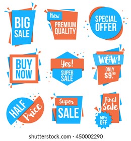 Collection of Sale Discount Styled origami Banners, Labels, Tags, Emblems. Flat design. Vector