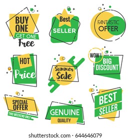 Collection of Sale Discount Styled origami Banners, Labels, Tags, Emblems. Yellow and green color theme. Flat outline design Vector illustration