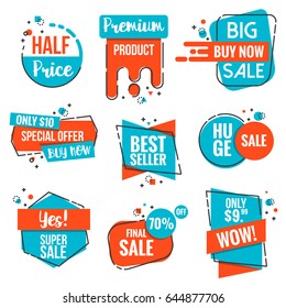 Collection of Sale Discount Styled origami Banners, Labels, Tags, Emblems. Modern Red and Blue color theme. Flat outline design Vector illustration