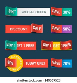 Collection of sale discount website ribbons, vector illustration. 