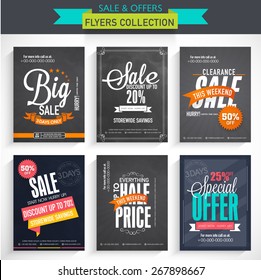 Collection of Sale Flyers with different discount offers, created on chalkboard background.