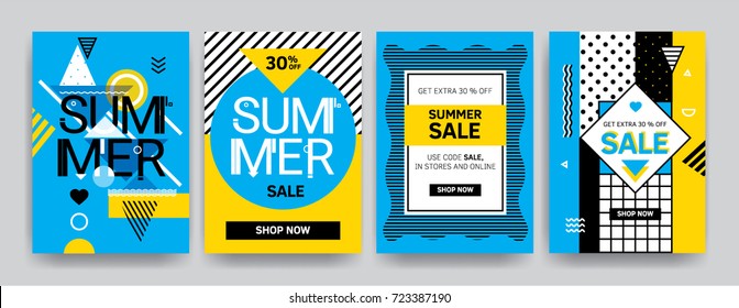 Collection of sale typography flyer template with geometric shapes. Bright trendy Memphis design set. Poster, card, label, banner vector illustration.