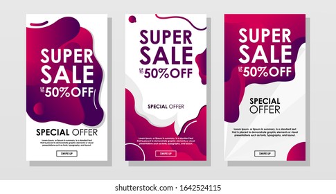 A collection of sales banners with fluid, dynamic, modern, creative design concepts. super sale banners up to 50% off and with editable text. bewrana purple and pink liquid banner with gradient effect