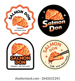 Coleção de adesivos de logotipo vetorial "Salmon Don". Apresentando fatias de salmão fresco, perfeito para marcas de empresas de alimentos japonesas ou asiáticas, caixas de bento e serviços de entrega. Ideal para etiquetas de restaurantes 