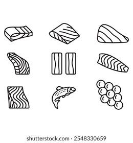 Collection of salmon fish icons in thin line style. Thinned line vector. Contains salmon ikoan meat cut icon.