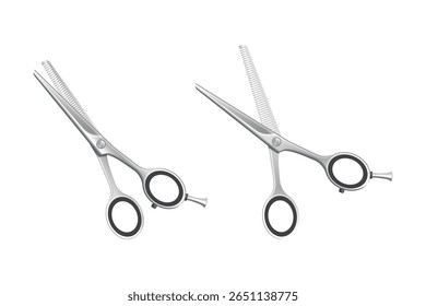 Collection of salon scissors in different positions. Ideal for hairdresser tools, barbershop, and styling themes.