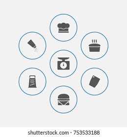 Collection Of Saltshaker, Chef Cap, Loaf And Other Elements.  Set Of 7 Cooking Icons Set. 