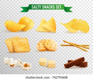 Collection of salty snacks images on transparent background with realistic pieces of chips and cookies vector illustration
