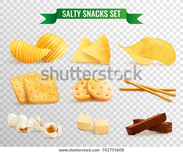 Collection of salty snacks images on\
transparent background with realistic pieces of chips and cookies\
vector illustration