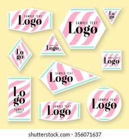 Collection of sample logo and text cards, notes, stickers, labels, tags with cute ornament illustrations. Template for scrapbooking, wrapping, notebooks, notebook, diary, decals, school accessories