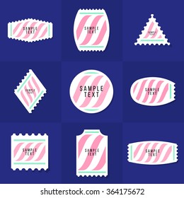 Collection of sample logo and text postage stamp, cards, notes, stickers, labels, tags. Template for scrapbooking, wrapping, notebooks, notebook, diary, decals, school accessories