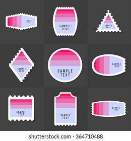 Collection of sample logo and text postage stamp, cards, notes, stickers, labels, tags. Template for scrapbooking, wrapping, notebooks, notebook, diary, decals, school accessories
