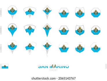 Sammlung der San Marino Fahne in verschiedenen Formen und mit drei verschiedenen Effekten. Vektorfahmensatz.