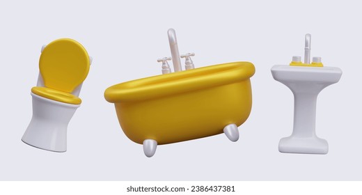 Collection of sanitary ware in cartoon style. Golden bathtub on clawfoot, toilet with seat, washbasin with faucet. Isolated realistic illustration with glare