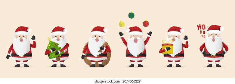 Collection of Santa claus characters with different emotions isolated on beige background.  Merry christmas and happy new year. Vector illustration