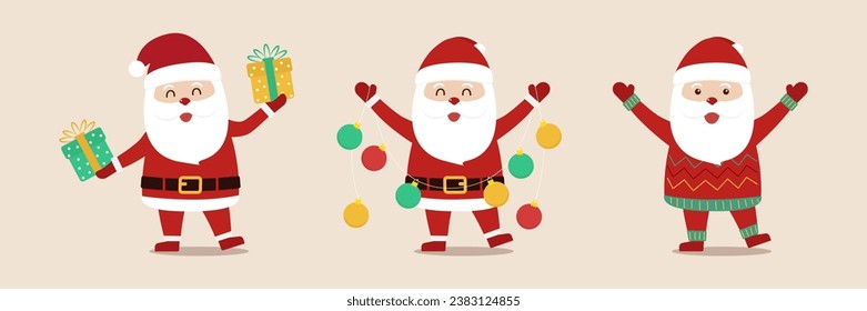 Collection of santa claus characters with different gesturing. Cartoon vector illustrations of santa claus. Merry christmas and happy new year
