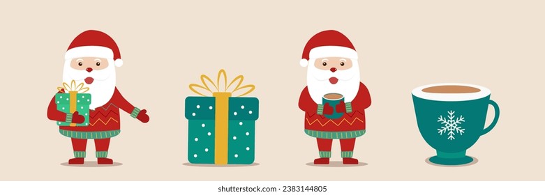 Collection of santa claus characters with different gesturing. Cartoon vector illustrations of santa claus. Merry christmas and happy new year