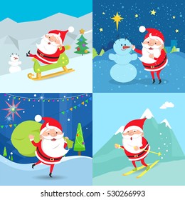 Collection of Santa Claus Characters. Four Banners. Santa riding a sleigh. Standing near snowman. Santa Claus waving and holding green sack of presents. Santa moving down from mountains. Vector