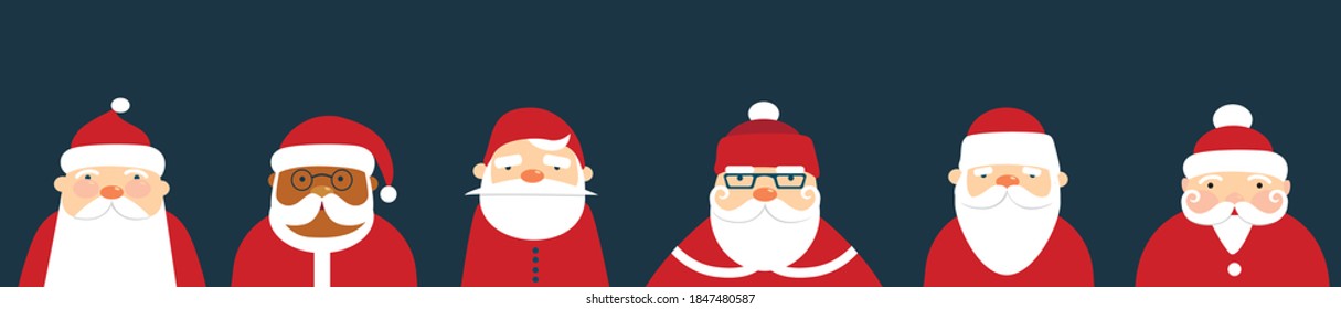 Collection of Santa Claus Characters, various faces with beard and hat flat icons. Santa Claus cartoon characters Christmas illustration icons set. Flat vector