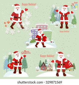 Collection of Santa Claus. Santa Claus in the city. Merry Christmas. New Year.