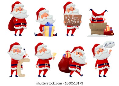 Collection of santa claus. Funny Santa Claus celebrating Christmas and New Year.  Happy Santa with bag and gifts. Cartoon characters with different emotions Santa. Vector illustration