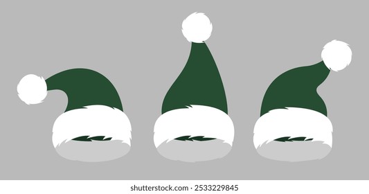 Collection of Santa Claus green hats. Christmas vector elements for design and decoration.