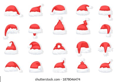 Collection of Santa Claus hats isolated on white background. Christmas bright, red Santa Claus hats with fur. Vector illustration