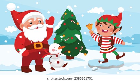 Collection of Santa Claus, little elf, snowman illustration. Holiday cartoon character in winter background. Vector Happy New Year, Xmas design element.