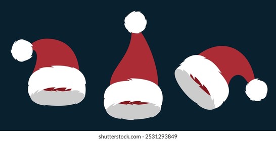 Collection of Santa Claus red hats. Christmas vector elements for design and decoration.