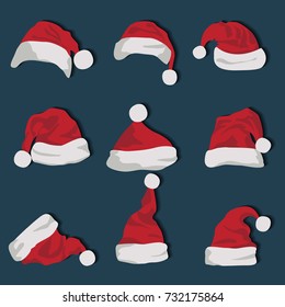 Collection of santa claus red hats isolated on blue background.vector illustration 