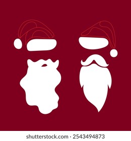 
Coleção de chapéus vermelhos do Papai Noel. Chapéus de linha vermelha do Papai Noel, bigode e barbas. Símbolos de Natal em estilo plano. Ilustração vetorial em um fundo vermelho.Elementos planos de Natal
