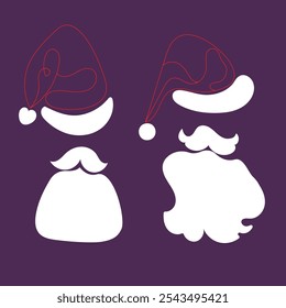 Collection of Santa Claus red hats.Santa Claus red line hats, mustache and beards. Christmas symbols in flat style. Vector illustration on a violet background.Christmas flat elements.