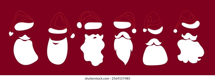 Collection of Santa Claus red hats.Santa Claus red line hats, mustache and beards. Christmas symbols in flat style. Vector illustration on a red background.Christmas flat elements