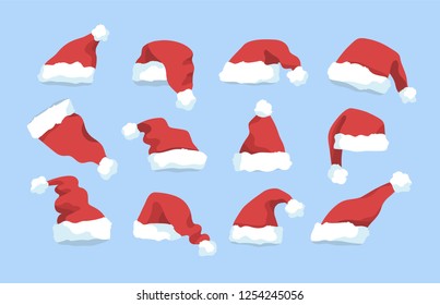 Collection of Santa Claus red winter hats isolated on blue background. Bundle of holiday Christmas decorations. Set of festive decorative design elements. Vector illustration in flat cartoon style.