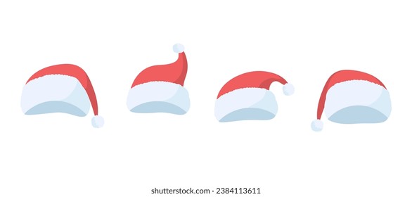 Collection of Santa Claus red winter hats isolated on white background. Bundle of holiday Christmas decorations cartoon vector illustration