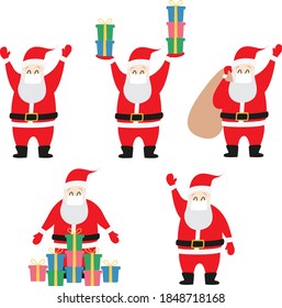 Collection of santa claus wearing mask in cartoon illustrations. Fully coloured. Carrying presents and waving. 