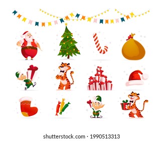 Collection of Santa Claus, year mascot tiger and Santa elves characters, Christmas decor elements - fir tree, gift box and presents, santa hat isolated. For holiday illustrations, cards, banners, ads.