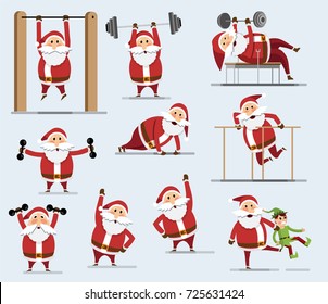 Collection of Santa Clauses. Santa Claus with a barbell. Santa claus squeezes from the floor. Flat style. Vector illustration Eps10 file