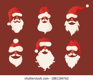Collection of Santa Clauses faces isolated on red background. Santa Claus installed the hat and beard. Merry Christmas card. Vector illustration
