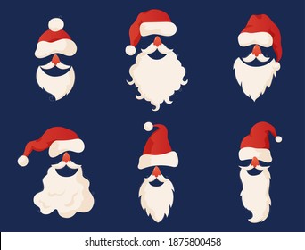 Collection of Santa Clauses isolated on blue background. Santa hats, mustaches and beards. Christmas elements for design of a greeting card. Vector illustration