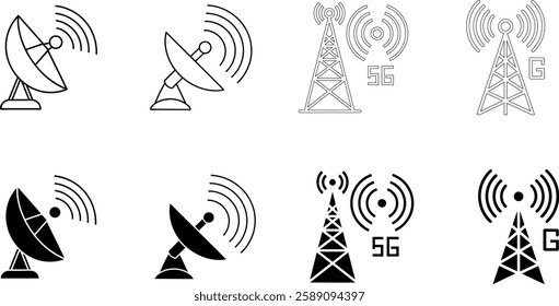 A collection of satellite and antenna icons illustrating wireless communication, data transmission, and global networks. Perfect for telecom and space-related projects.

