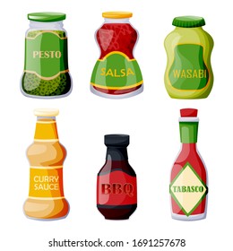 Collection of sauces in jars and bottles. Vector illustration of grocery packaging. Cooking food icons and design elements, isolated on white background. Seasoning in tins, kitchen ingredients set
