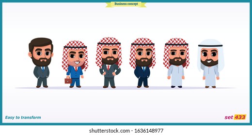 Collection of saudi man entrepreneurs, businessmen and managers. Arab business people standing.Muslim clothes. Flat modern cartoon style. isolated vector. Arabic business team. Different age of men