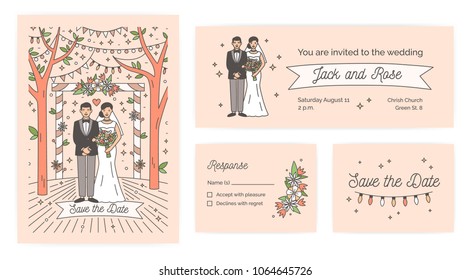 Collection of Save The Date card, wedding ceremony invitation and response note templates with cute cartoon bride and groom. Elegant vector illustration for event celebration in modern line art style.