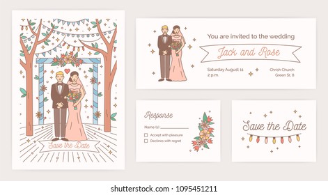 Colección de plantillas de cartas Save The Date, invitación a fiesta de boda y notas de respuesta con novias y novios de dibujos animados sobre fondo blanco. Ilustración vectorial en color para el estilo de arte de línea moderno